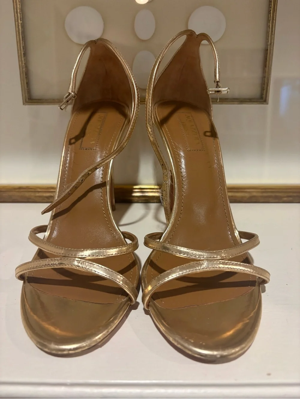 Aquazzura Gold Metallic Ankle-Strap Stiletto Sandal